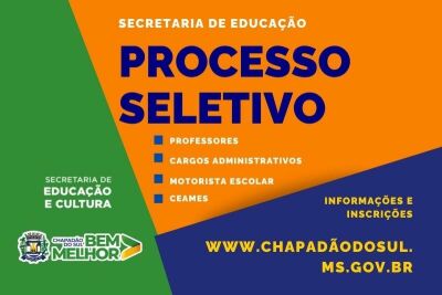 Imagem da notícia Chapadão do Sul abre seletivo para professores, cargos administrativos e Ceames; inscrições abrem nesta quarta (26)